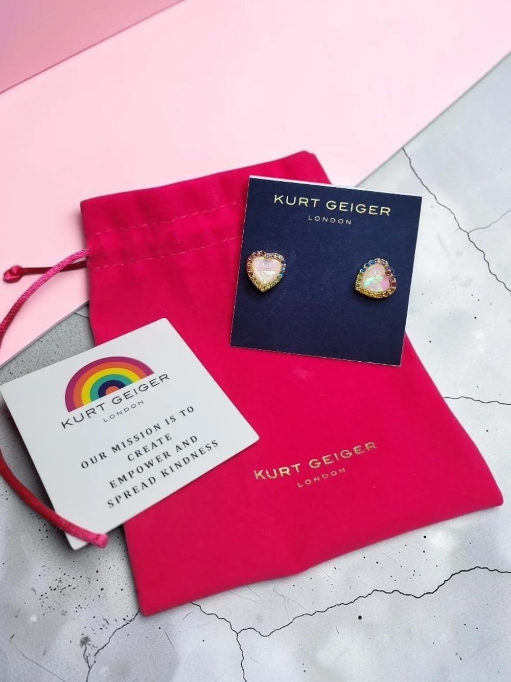 Kurt Geiger London Heart Stud Earrings Pink Opal Gold Rainbow NWT